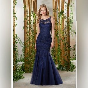 Mgny navy beautifully beaded gown NWT